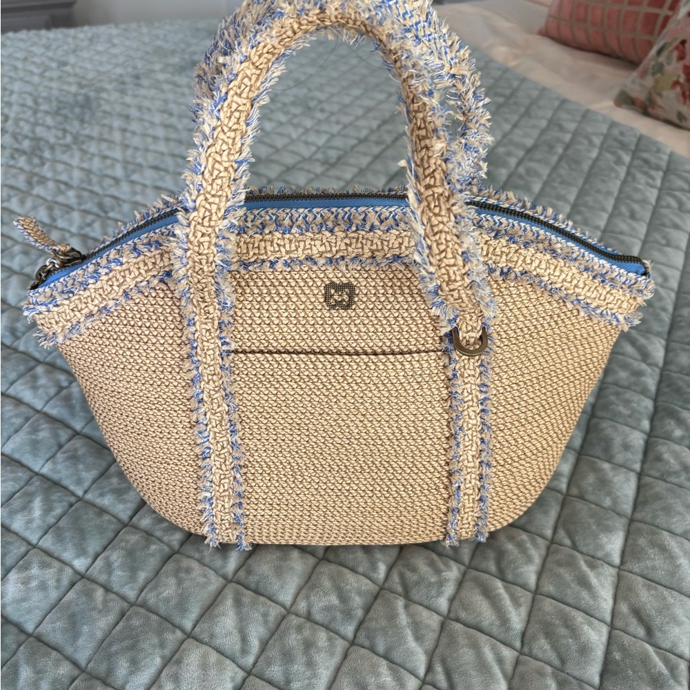 Eric Javits Cream and Blue Satchel with Elegant Design